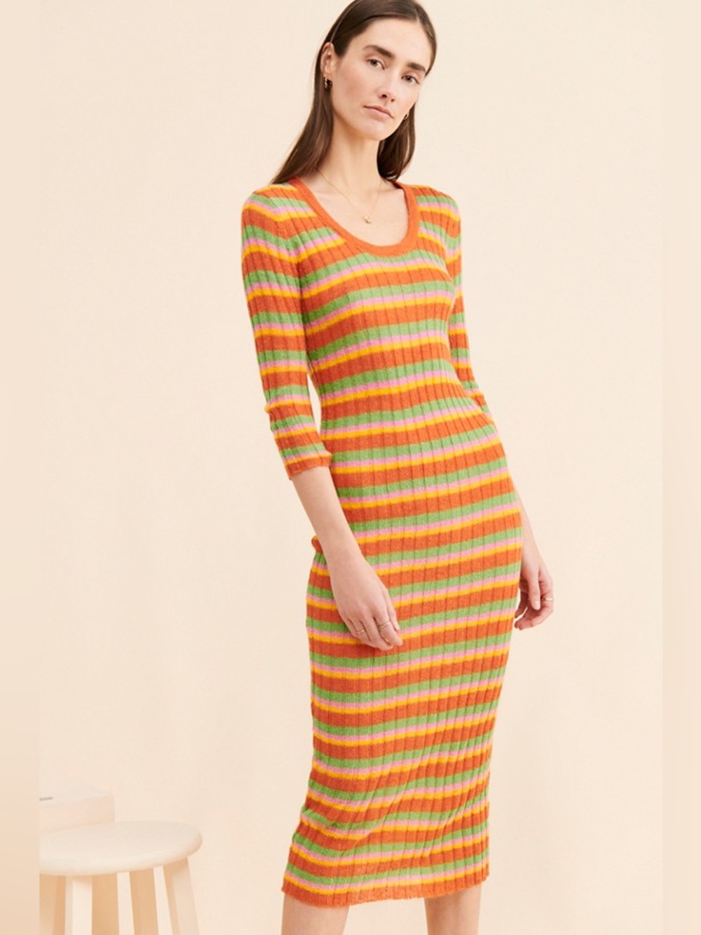 Lisa Says Gah Orange Stripe Malfa Wool Blend Midi Sweater Dress XS/S XS Small
